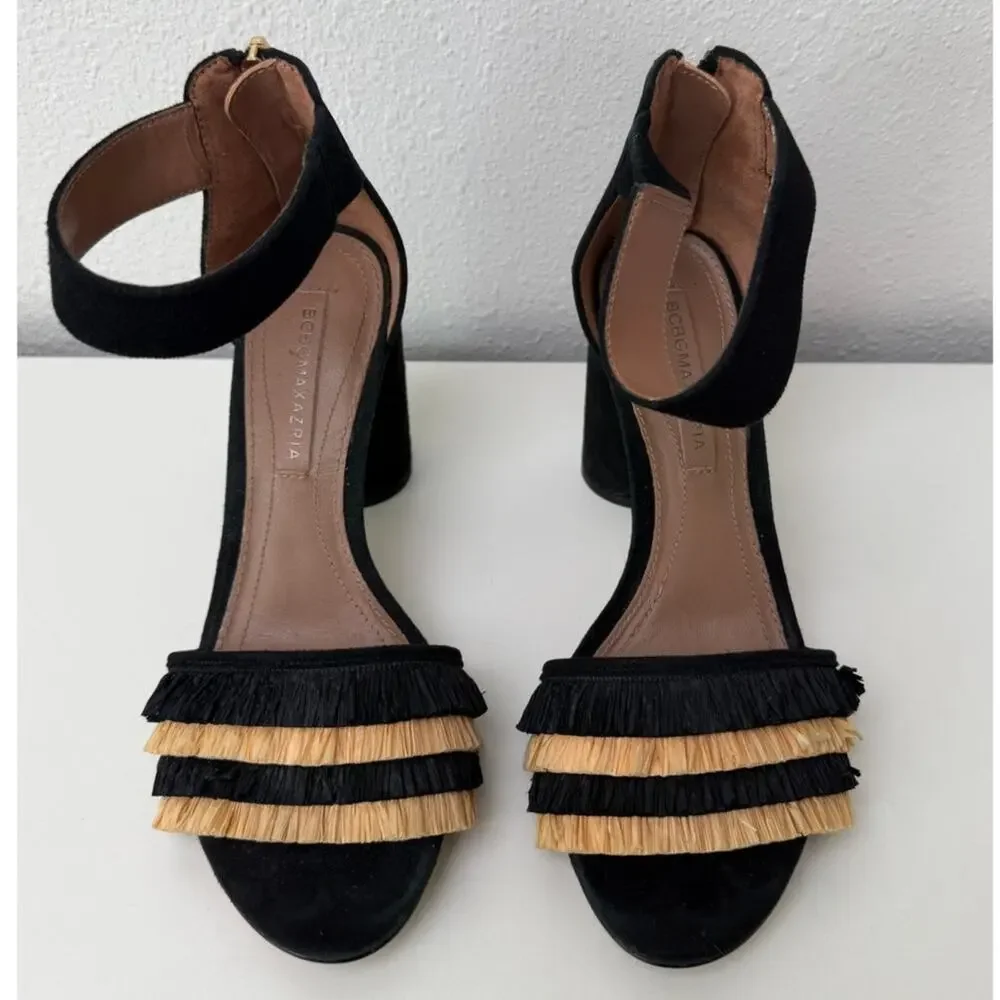 BCBGMaxAzria Alonza Raffia Heels Black Tan Womens US 7.5